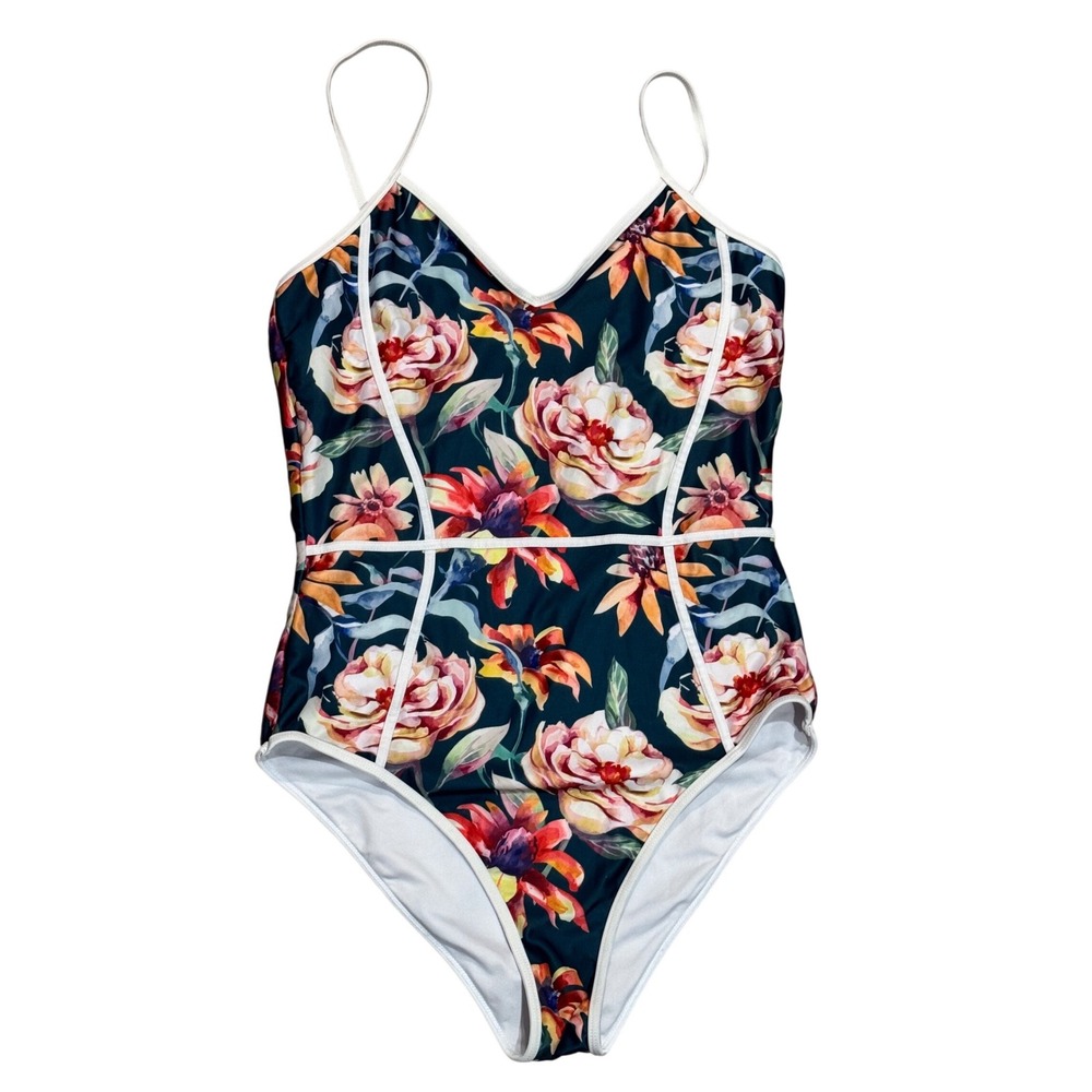 Cupshe Ariel One Piece Swimsuit Women XL Navy Floral Excellent V-Neck Piping